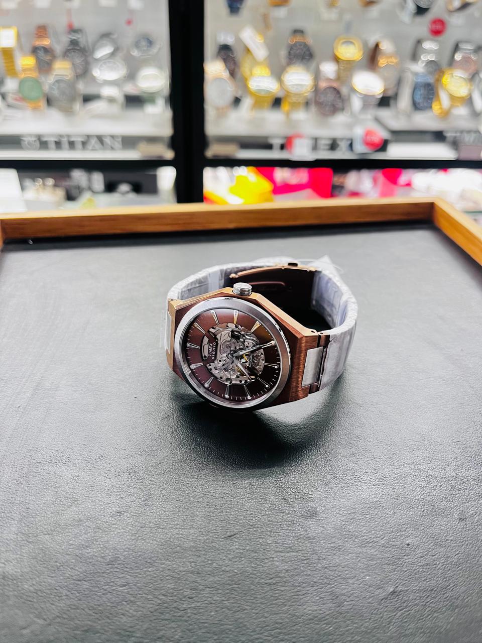 TIMEX Men’s Automatic Skeleton Dial Brown & Silver Bracelet Watch